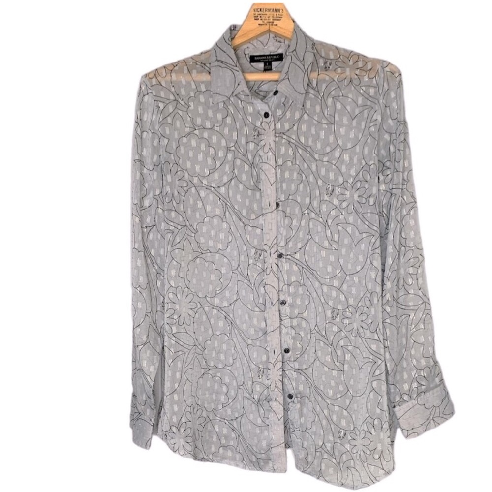 Banana Republic size medium grey metallic silver Dillon sheer Patterned Shirt